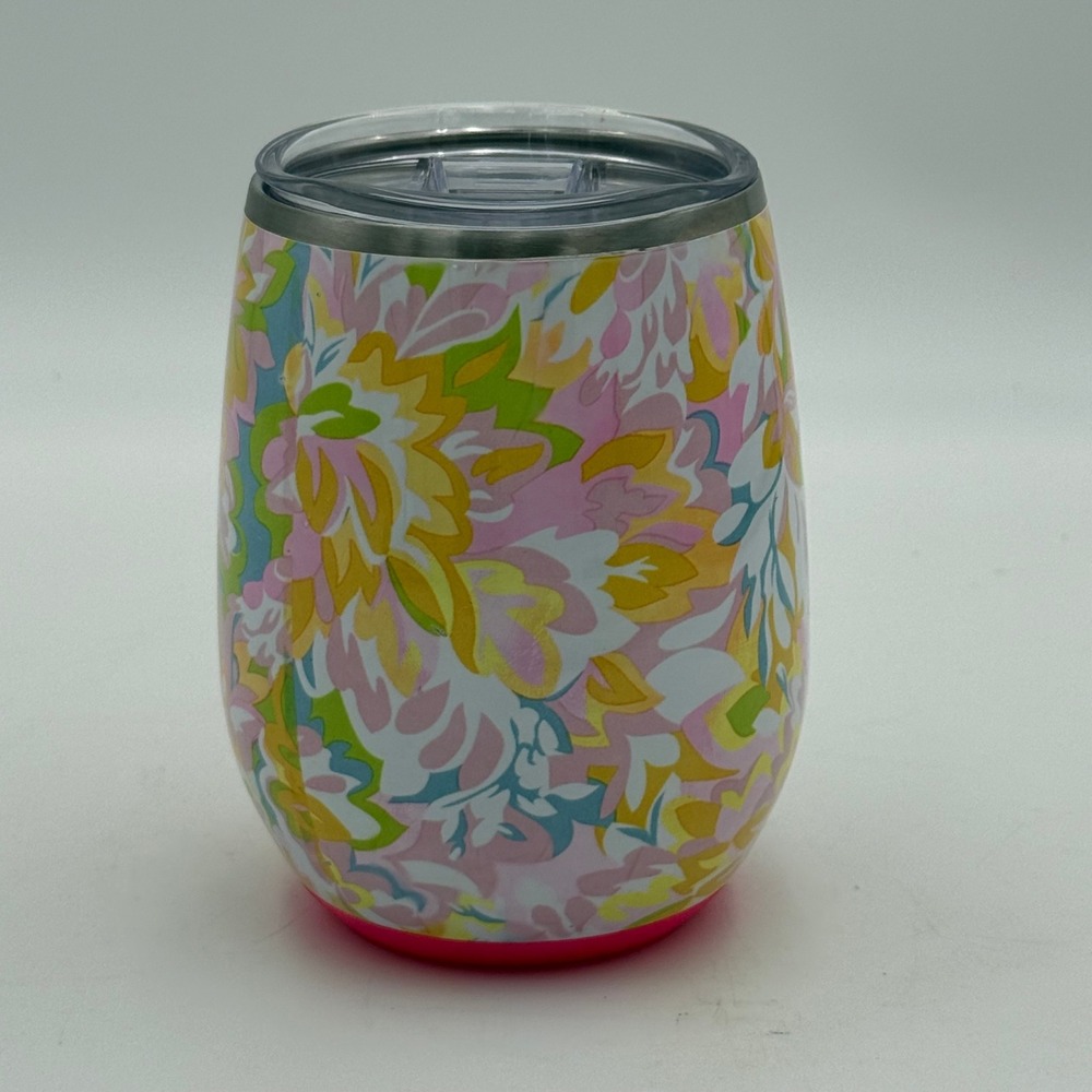 Swig Life 14oz Insulated Wine Tumbler Floral Pink Yellow Stainless Steel Lid
